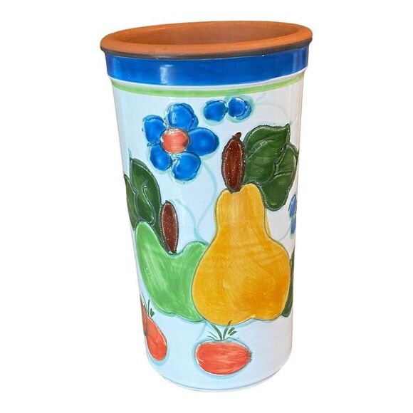 Vtg Italy Utensil Holder Wine Cooler Hand Painted Terracotta Floral Fruit 9.25" - Picture 2 of 9